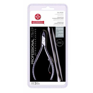 ALICATE DE CUTICULA MUNDIAL PREMIUM + ESPATULA INOX + PALITO INOX - ref:778-EP