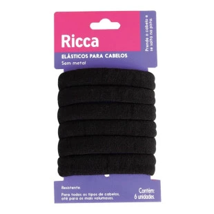 ELÁSTICO PARA CABELO RICCA GROSSO 6 UNIDADES - SEM METAL - BLACK ref:2725