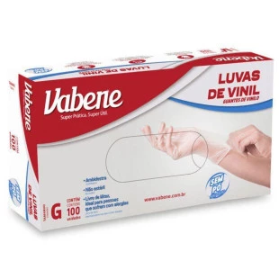 LUVAS DE VINIL VABENE - 100 UNIDADES - SEM PÓ - TAMANHO G